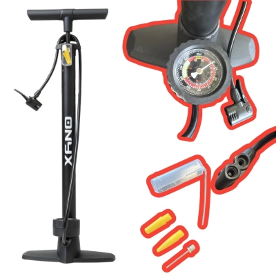 Solidna Pompka do wózka, rowerka | Stojąca z miernikiem 66cm | Elastyczny Wąż, Końcówki do Piłek